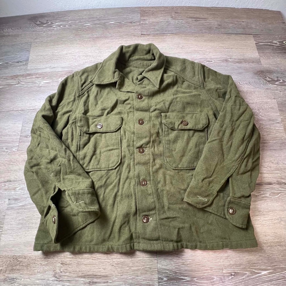 Vintage Military Field Shirt Mens L Olive Green Wool Blend Utility Jacket AP18